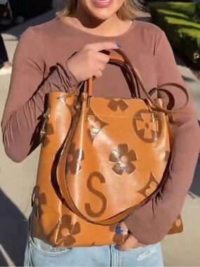 Designer-Inspired Brown Paten Faux Leather Floral Tote Bag with Removable Strap